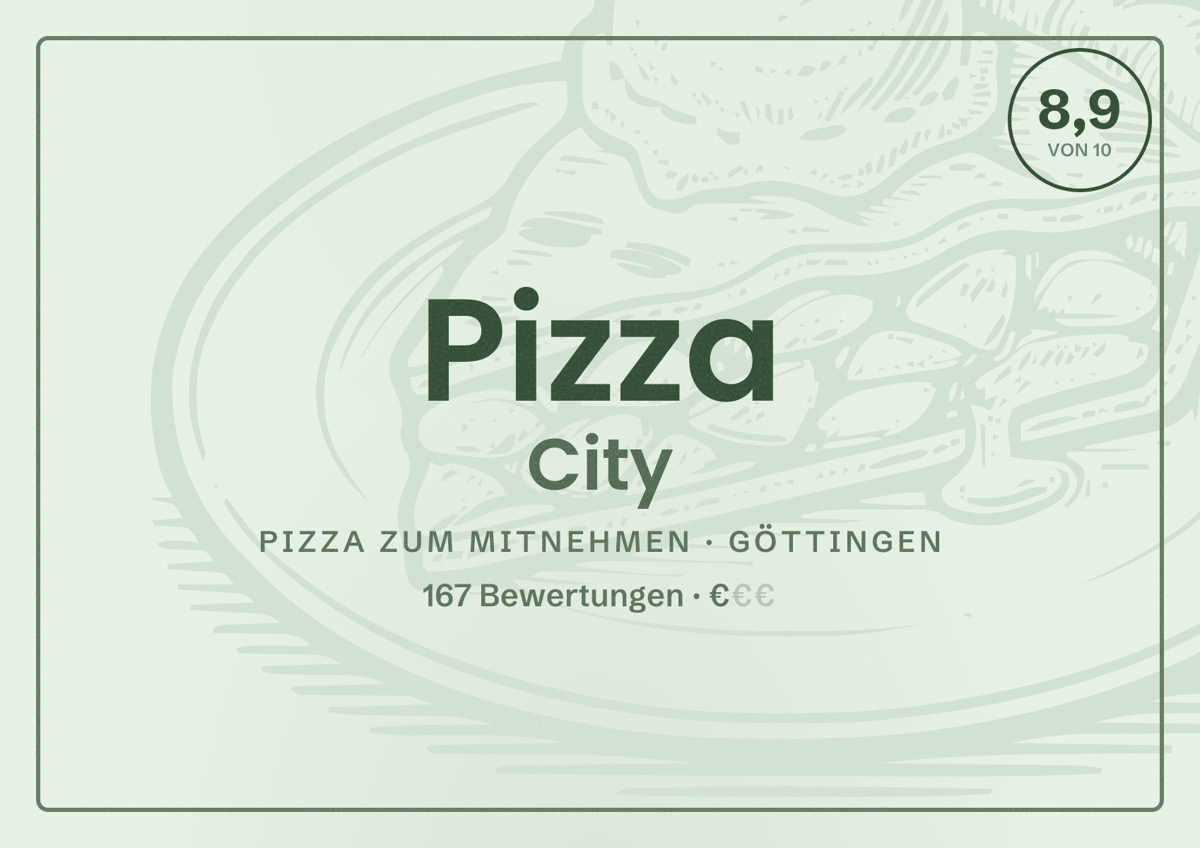 Illustriertes Poster von Pizza City, Pizza zum Mitnehmen in Göttingen: Bewertung 8,9 von 10 aus 167 Bewertungen, Preisniveau €