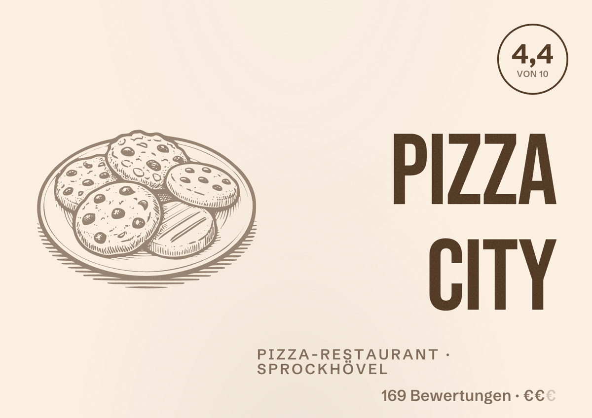 Illustriertes Poster von Pizza City, Pizza-Restaurant in Sprockhövel: Bewertung 4,4 von 10 aus 169 Bewertungen, Preisniveau €€