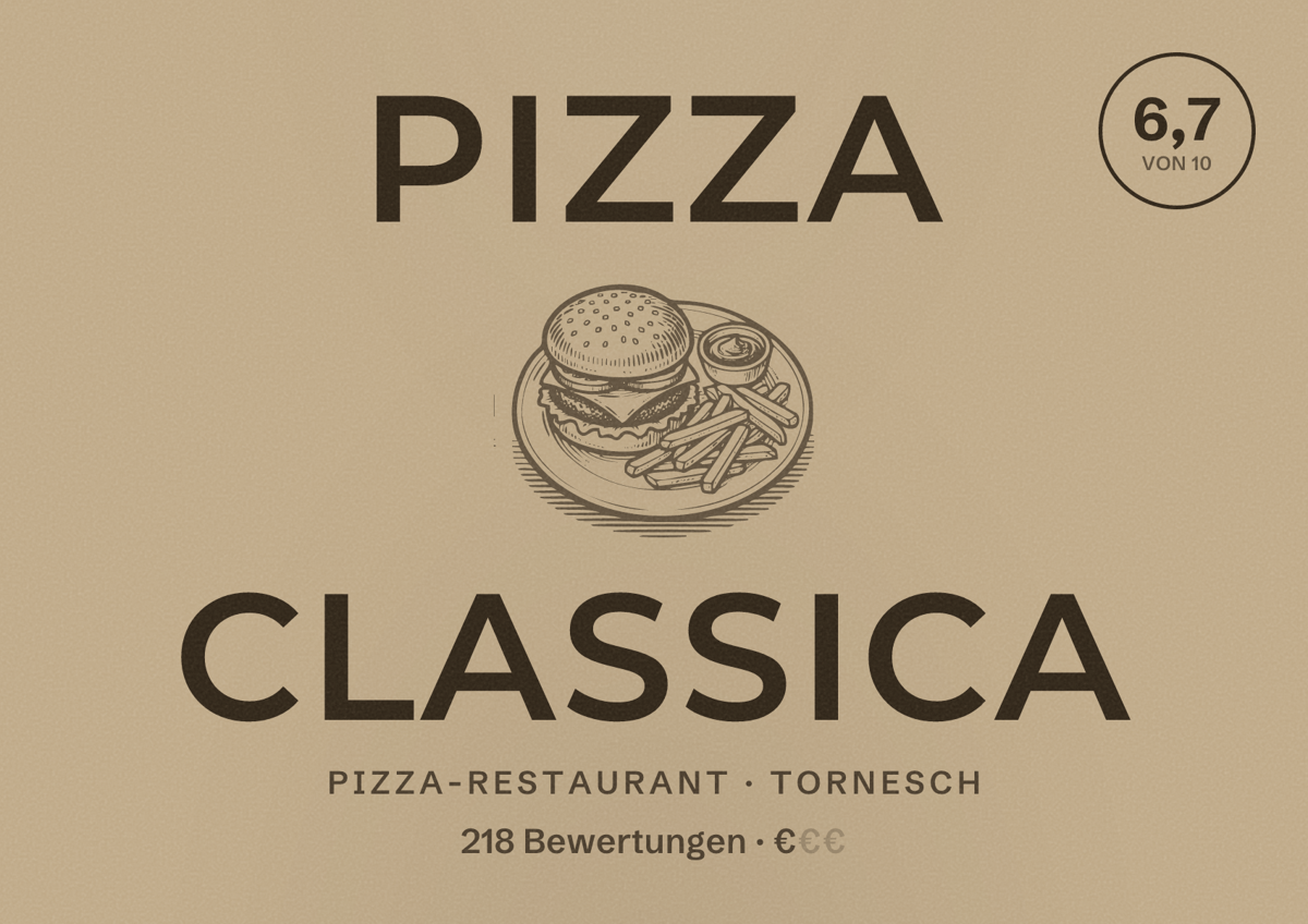 Illustriertes Poster von Pizza Classica, Pizza-Restaurant in Tornesch: Bewertung 6,7 von 10 aus 218 Bewertungen, Preisniveau €