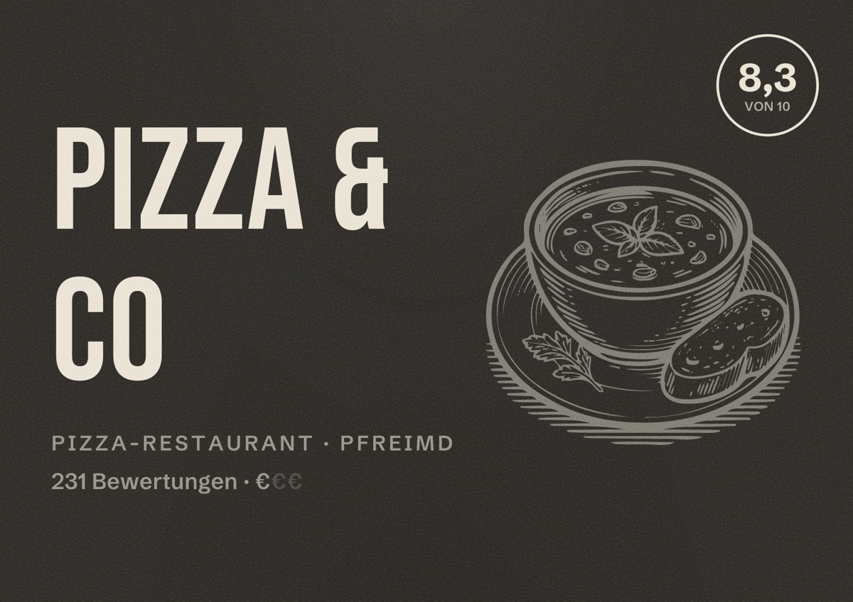 Illustriertes Poster von Pizza & Co, Pizza-Restaurant in Pfreimd: Bewertung 8,3 von 10 aus 231 Bewertungen, Preisniveau €