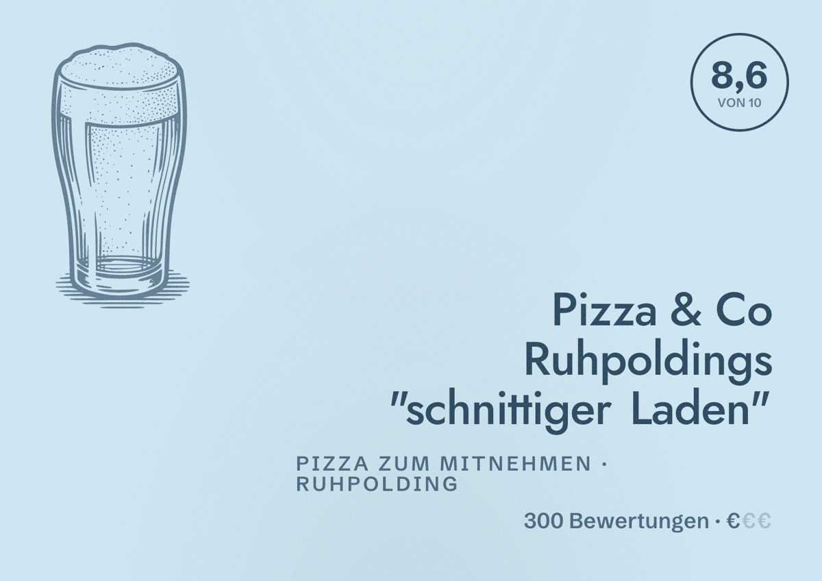 Illustriertes Poster von Pizza & Co Ruhpoldings "schnittiger Laden", Pizza zum Mitnehmen in Ruhpolding: Bewertung 8,6 von 10 aus 300 Bewertungen, Preisniveau €