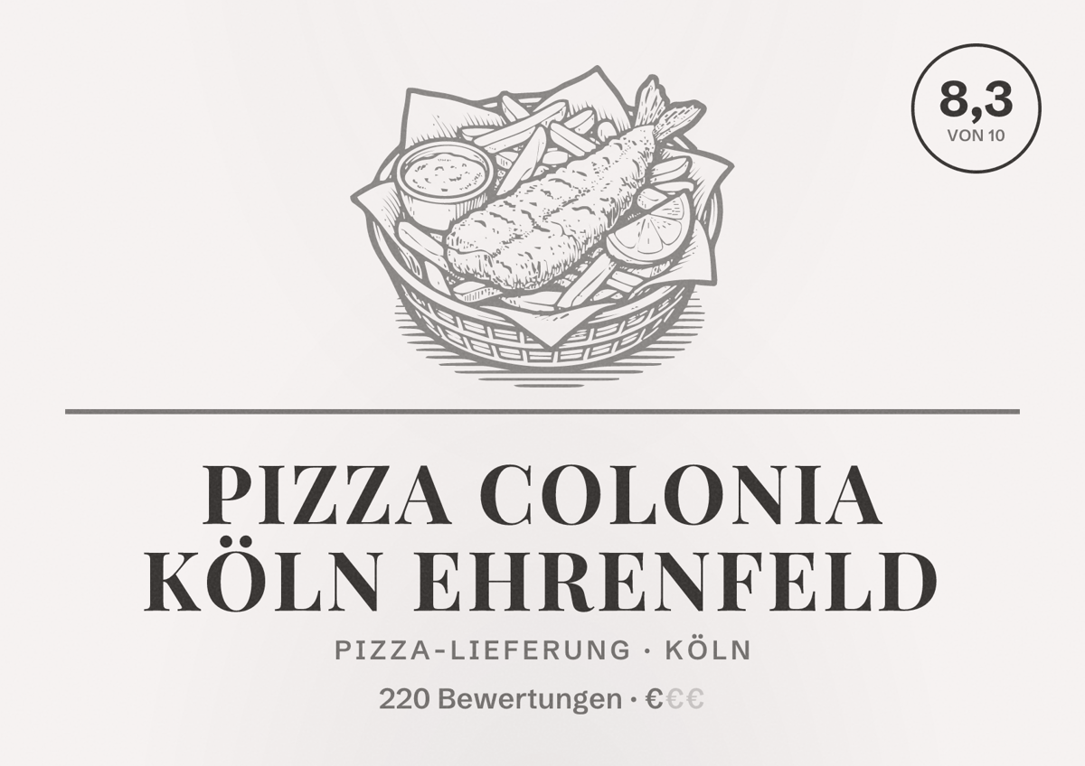 Illustriertes Poster von Pizza Colonia Köln Ehrenfeld, Pizza-Lieferung in Köln: Bewertung 8,3 von 10 aus 220 Bewertungen, Preisniveau €