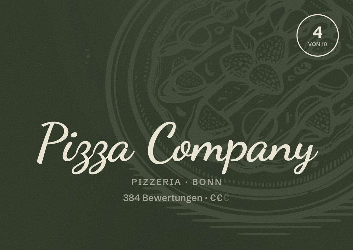 Illustriertes Poster von Pizza Company, Pizzeria in Bonn: Bewertung 4 von 10 aus 384 Bewertungen, Preisniveau €€