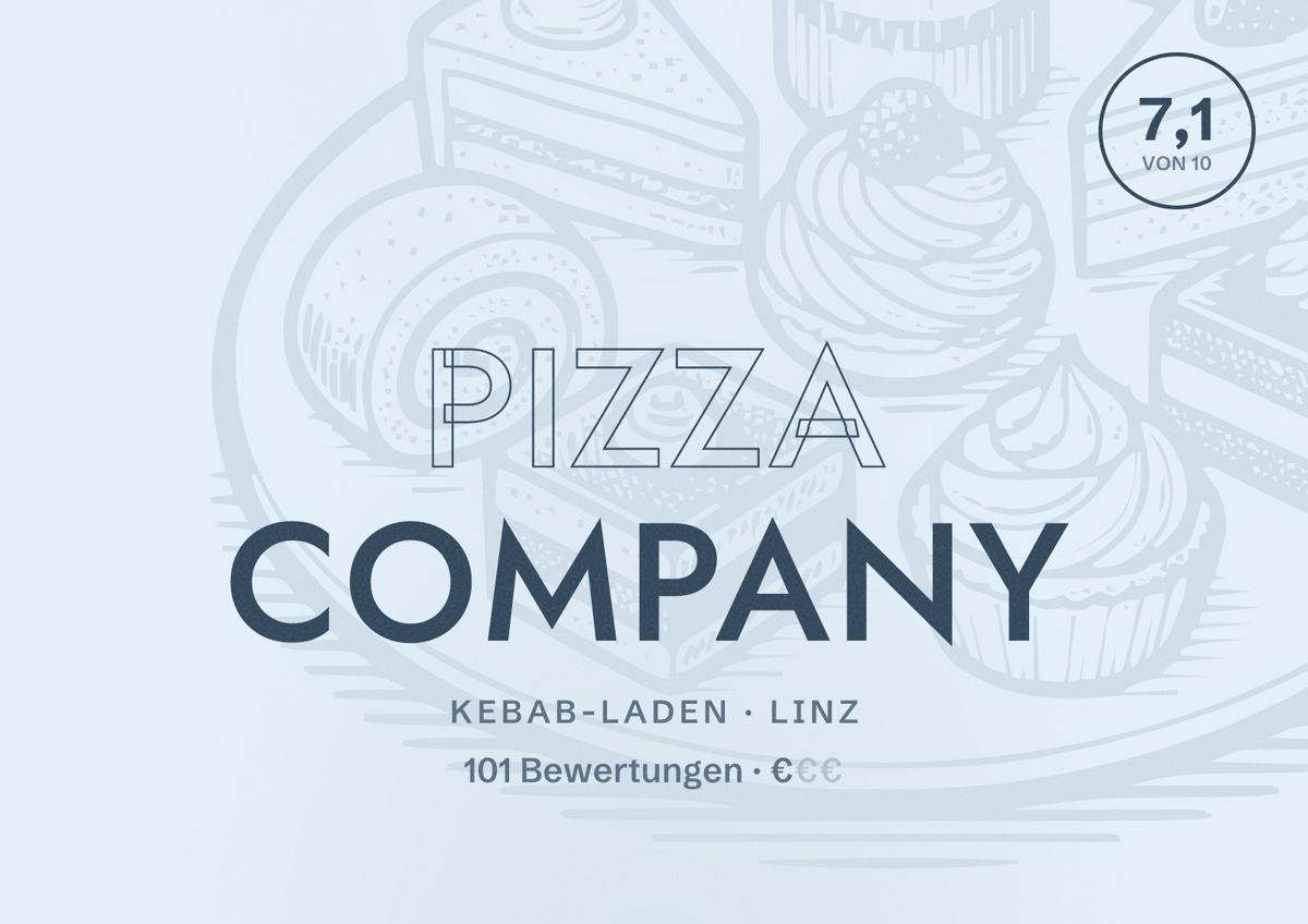 Illustriertes Poster von Pizza Company, Kebab-Laden in Linz: Bewertung 7,1 von 10 aus 101 Bewertungen, Preisniveau €