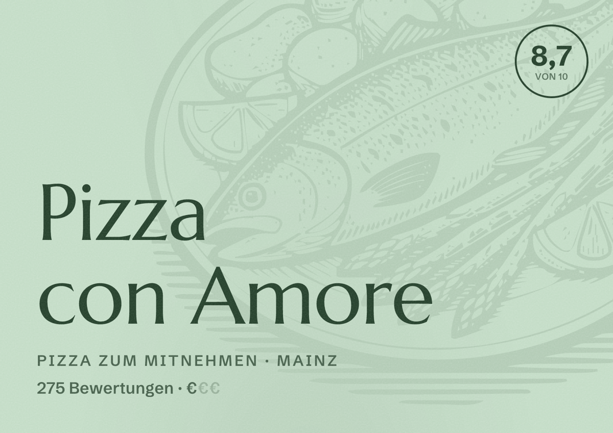 Illustriertes Poster von Pizza con Amore, Pizza zum Mitnehmen in Mainz: Bewertung 8,7 von 10 aus 275 Bewertungen, Preisniveau €