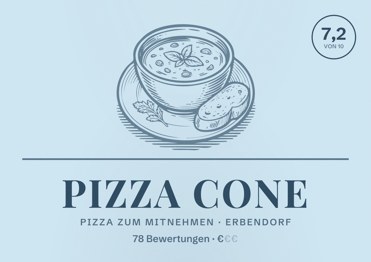 Illustriertes Poster von Pizza Cone, Pizza zum Mitnehmen in Erbendorf: Bewertung 7,2 von 10 aus 78 Bewertungen, Preisniveau €