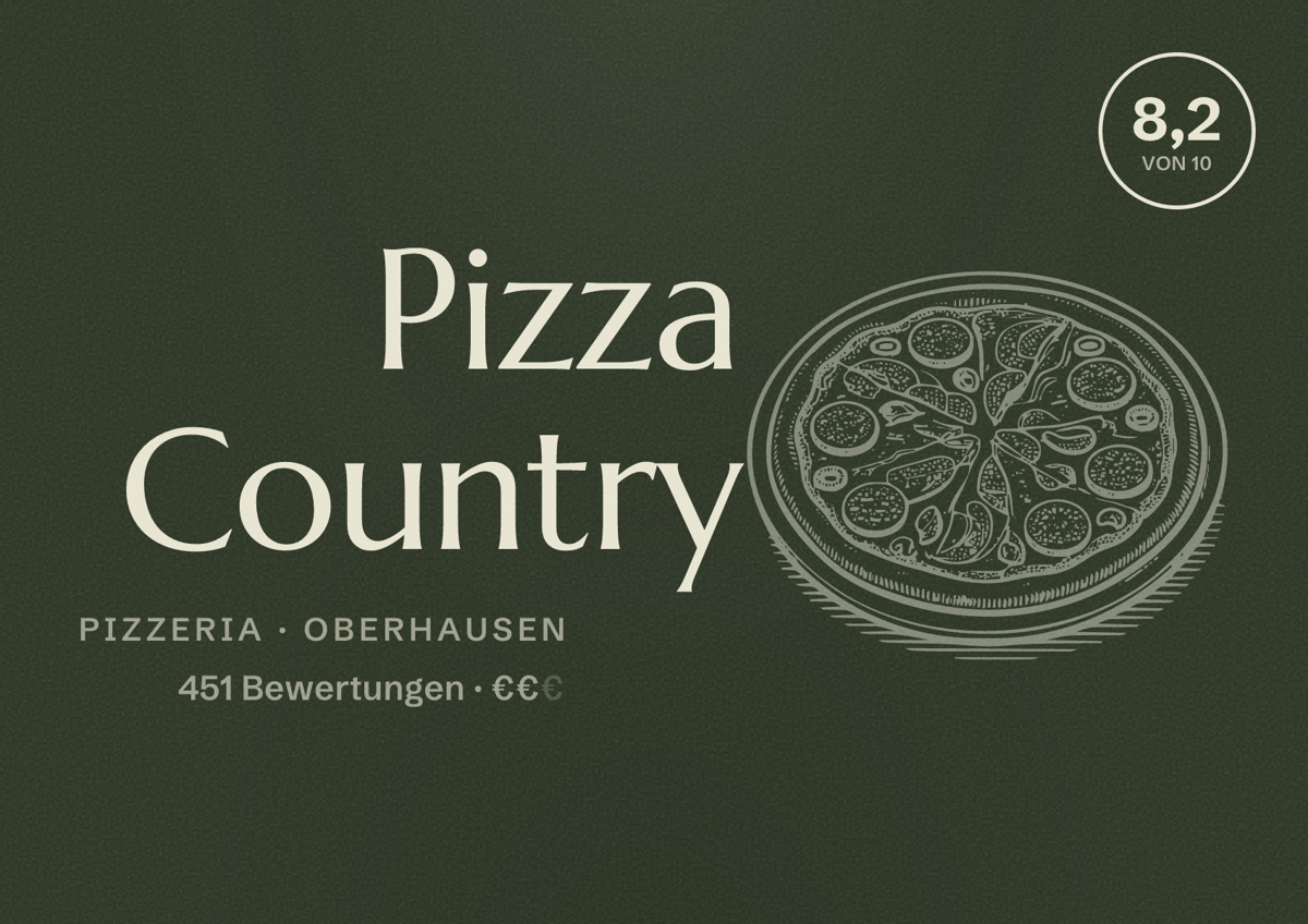 Illustriertes Poster von Pizza Country, Pizzeria in Oberhausen: Bewertung 8,2 von 10 aus 451 Bewertungen, Preisniveau €€