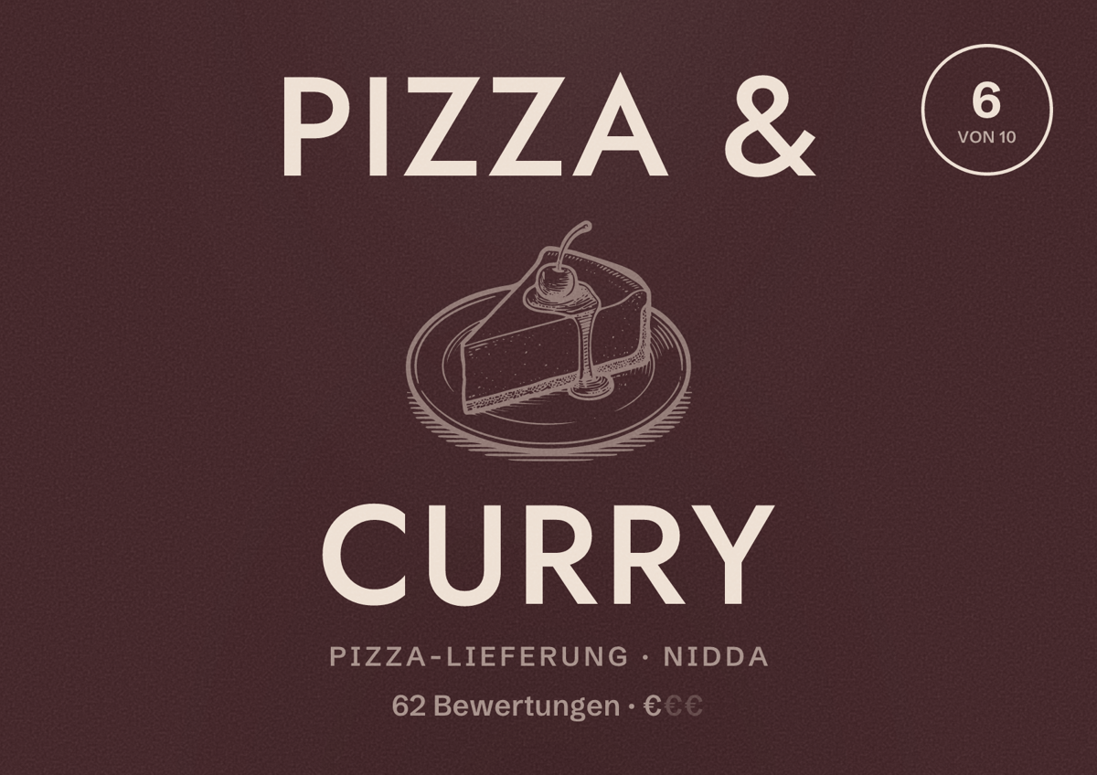 Illustriertes Poster von Pizza & Curry, Pizza-Lieferung in Nidda: Bewertung 6 von 10 aus 62 Bewertungen, Preisniveau €