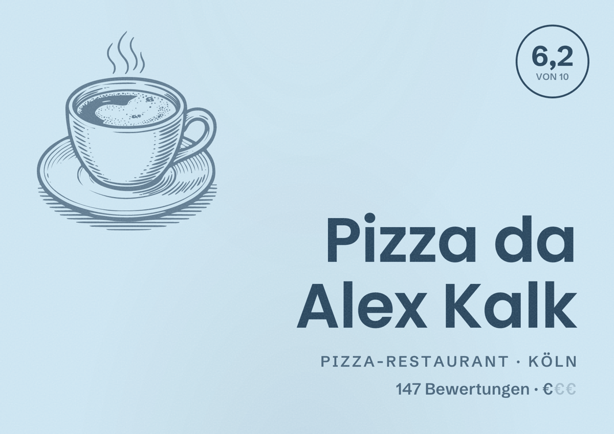 Illustriertes Poster von Pizza da Alex Kalk, Pizza-Restaurant in Köln: Bewertung 6,2 von 10 aus 147 Bewertungen, Preisniveau €