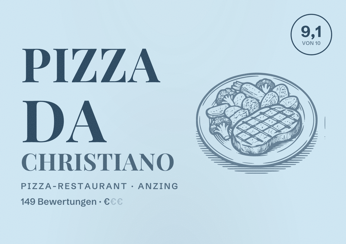 Illustriertes Poster von Pizza da Christiano, Pizza-Restaurant in Anzing: Bewertung 9,1 von 10 aus 149 Bewertungen, Preisniveau €