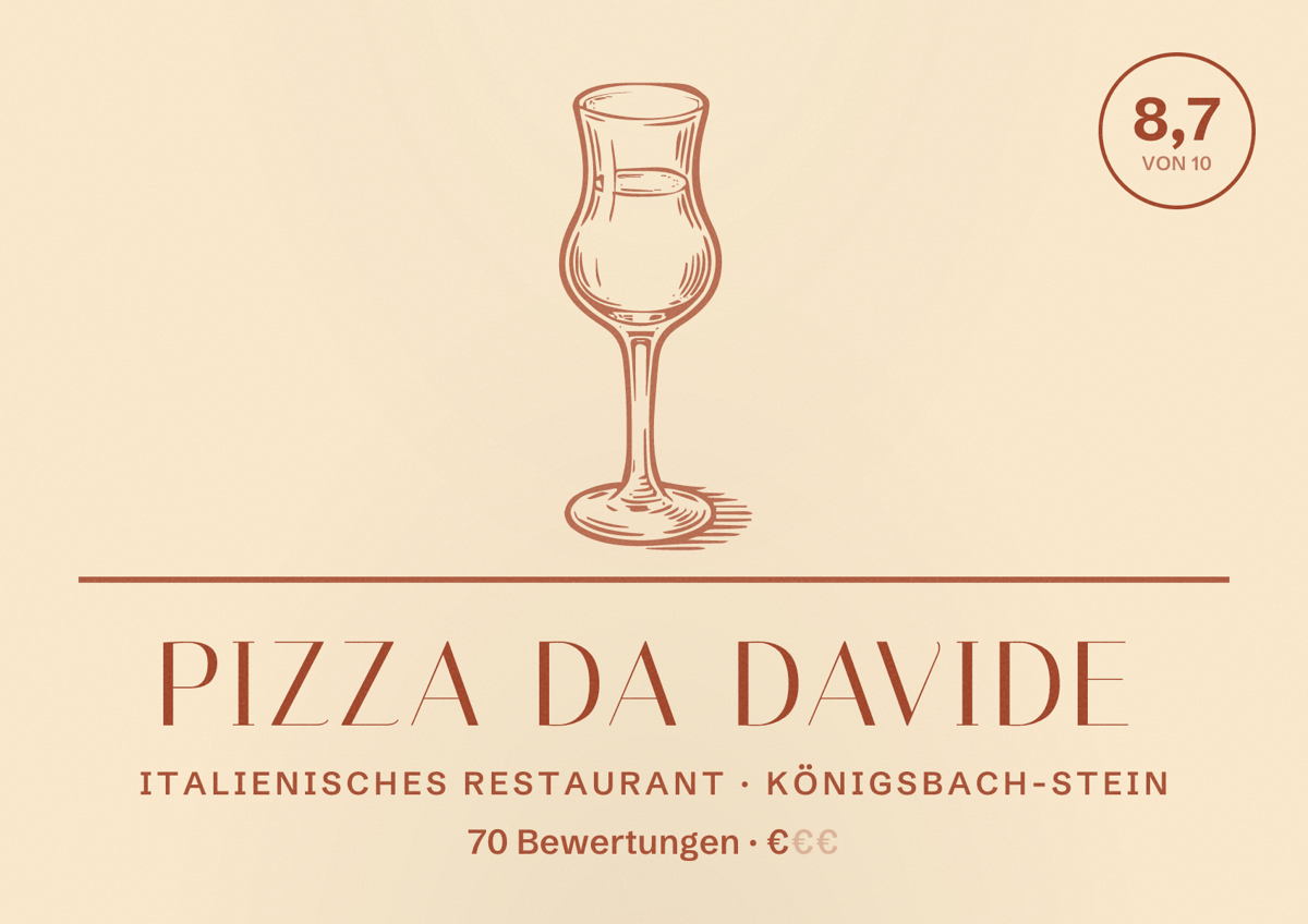 Illustriertes Poster von Pizza Da Davide, Italienisches Restaurant in Königsbach-Stein: Bewertung 8,7 von 10 aus 70 Bewertungen, Preisniveau €