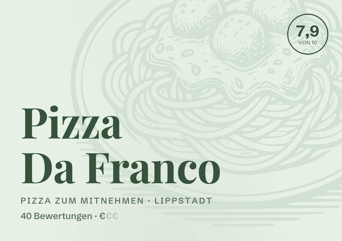 Illustriertes Poster von Pizza Da Franco, Pizza zum Mitnehmen in Lippstadt: Bewertung 7,9 von 10 aus 40 Bewertungen, Preisniveau €