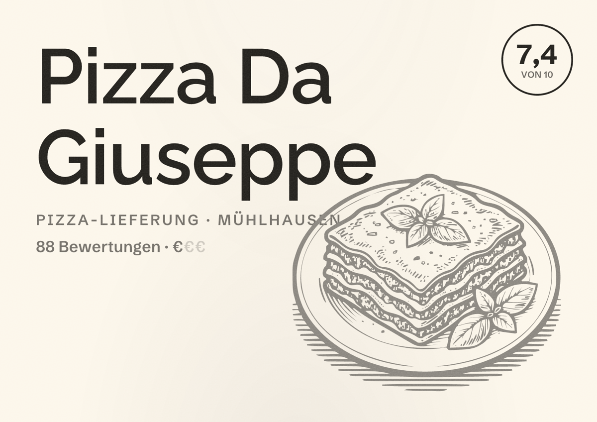 Illustriertes Poster von Pizza Da Giuseppe, Pizza-Lieferung in Mühlhausen: Bewertung 7,4 von 10 aus 88 Bewertungen, Preisniveau €