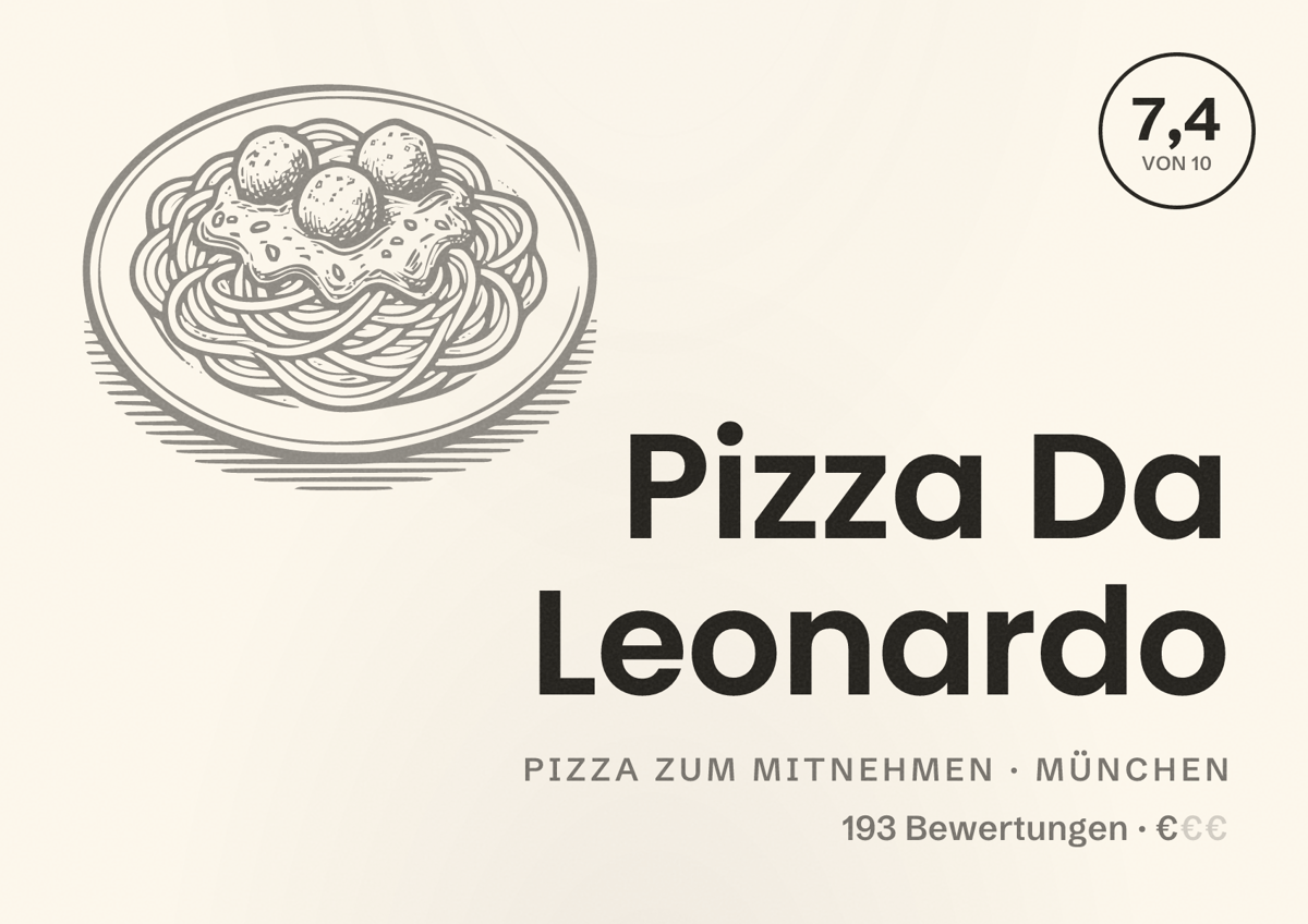 Illustriertes Poster von Pizza Da Leonardo, Pizza zum Mitnehmen in München: Bewertung 7,4 von 10 aus 193 Bewertungen, Preisniveau €