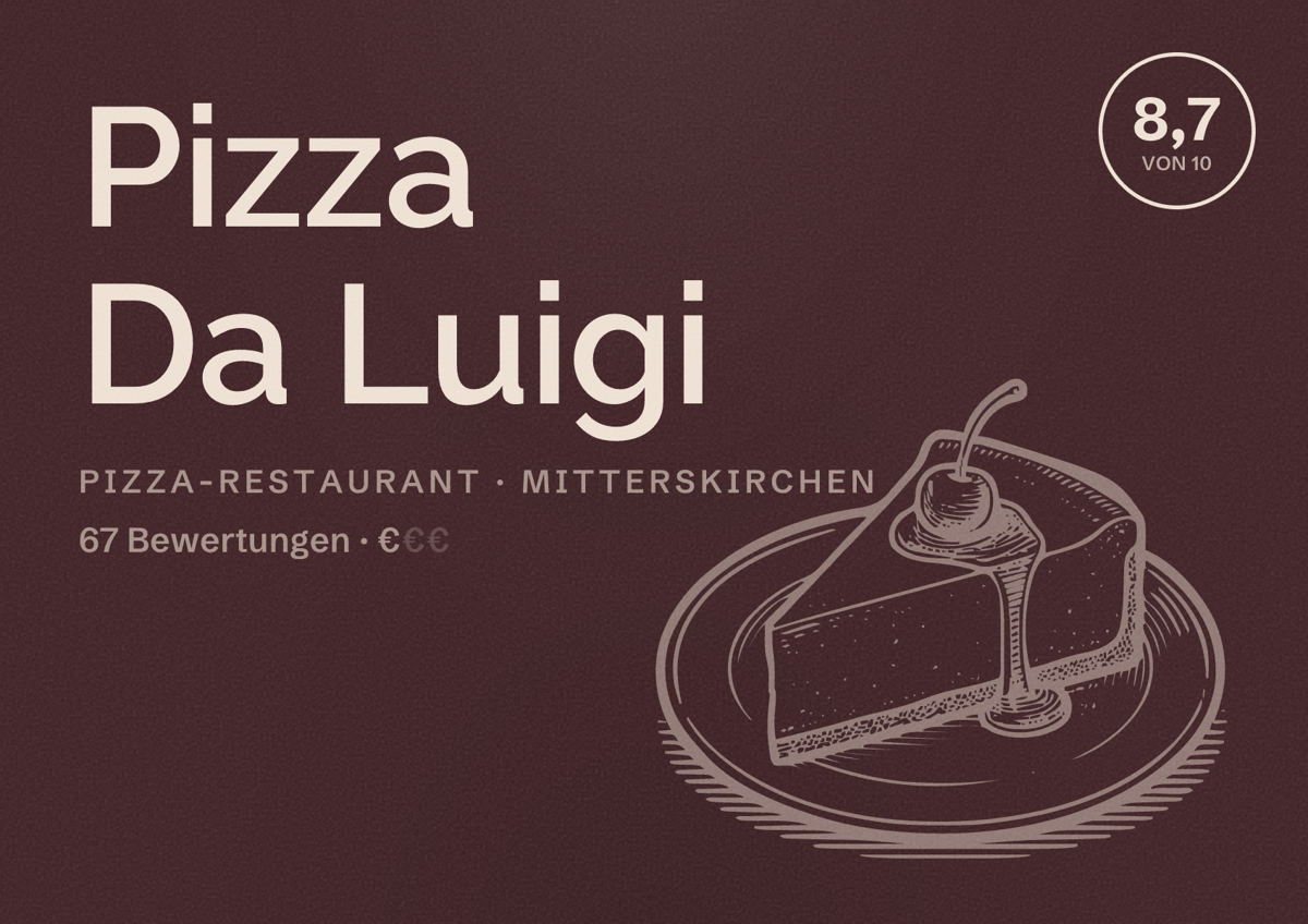 Illustriertes Poster von Pizza Da Luigi, Pizza-Restaurant in Mitterskirchen: Bewertung 8,7 von 10 aus 67 Bewertungen, Preisniveau €