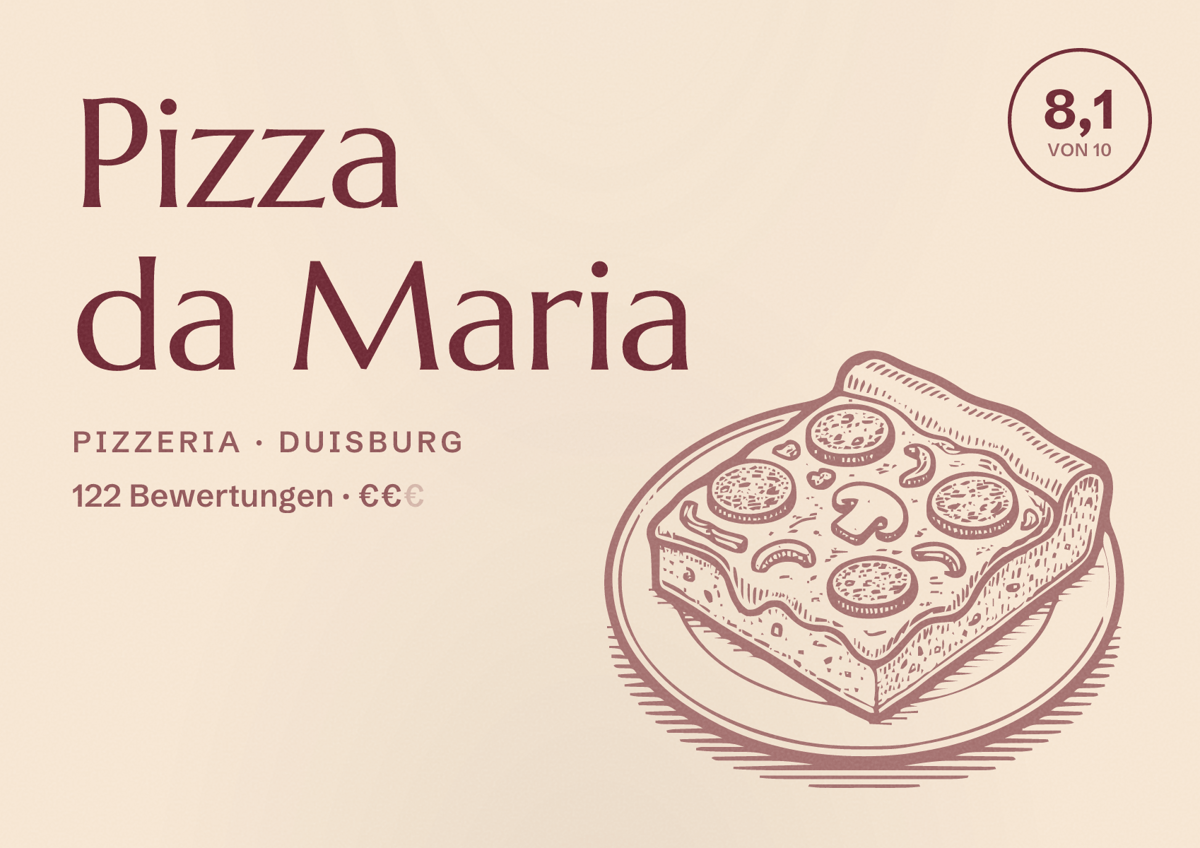 Illustriertes Poster von Pizza da Maria, Pizzeria in Duisburg: Bewertung 8,1 von 10 aus 122 Bewertungen, Preisniveau €€