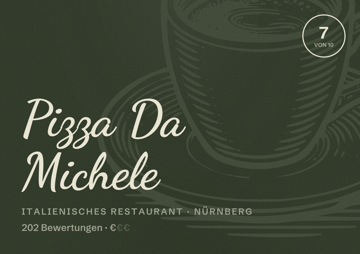 Illustriertes Poster von Pizza Da Michele, Italienisches Restaurant in Nürnberg: Bewertung 7 von 10 aus 202 Bewertungen, Preisniveau €