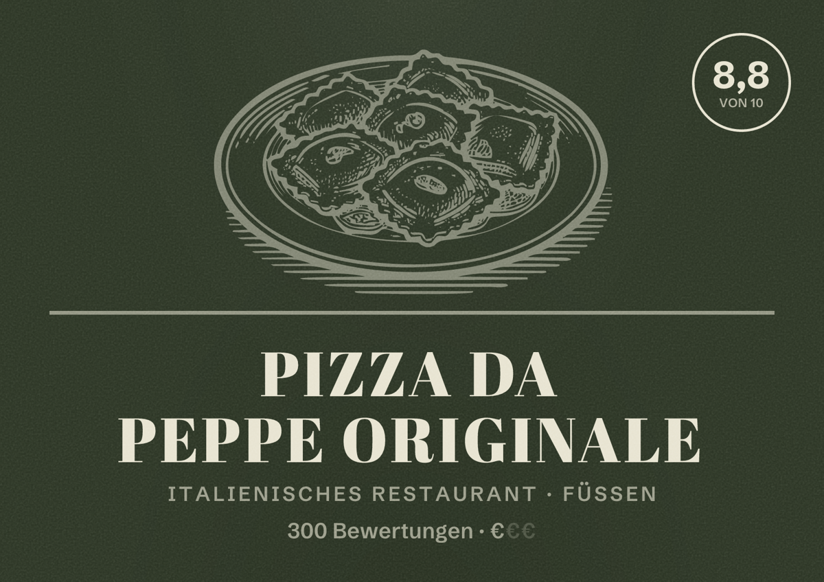 Illustriertes Poster von Pizza da Peppe Originale, Italienisches Restaurant in Füssen: Bewertung 8,8 von 10 aus 300 Bewertungen, Preisniveau €