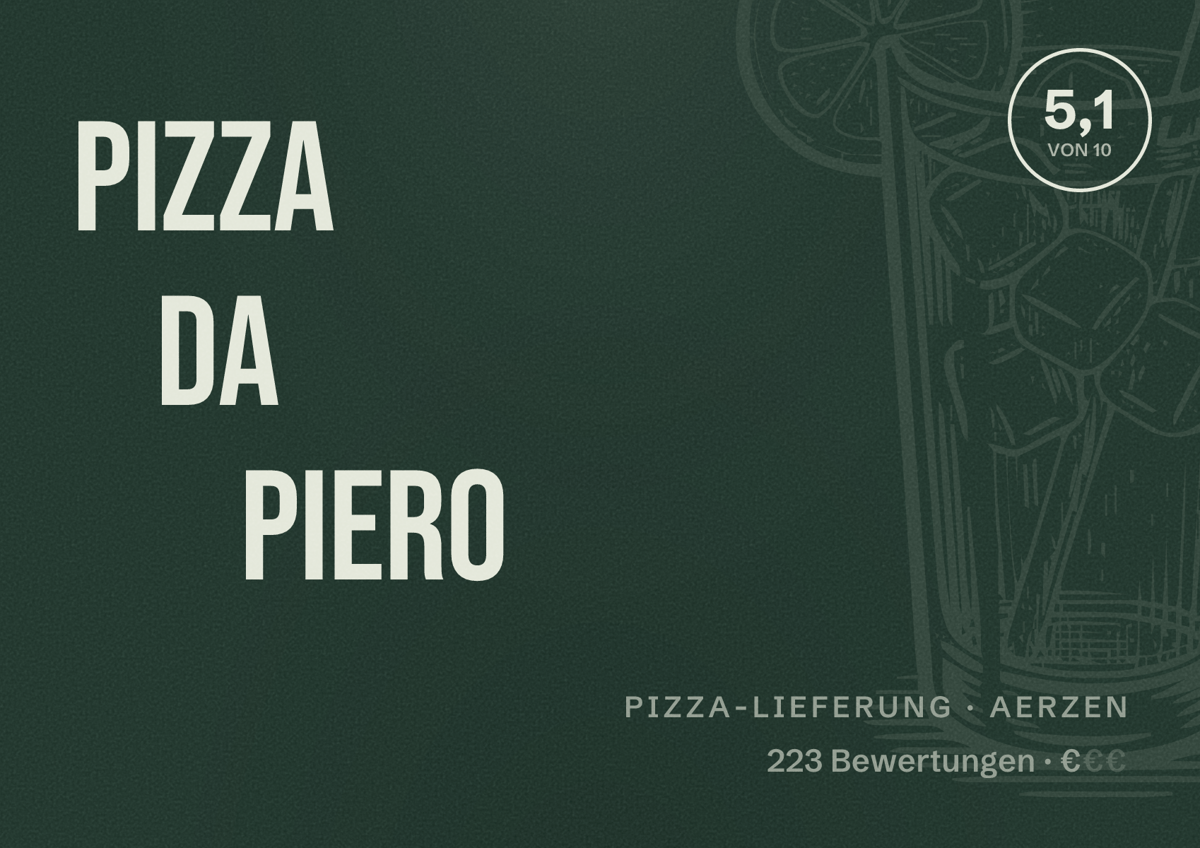 Illustriertes Poster von Pizza da Piero, Pizza-Lieferung in Aerzen: Bewertung 5,1 von 10 aus 223 Bewertungen, Preisniveau €