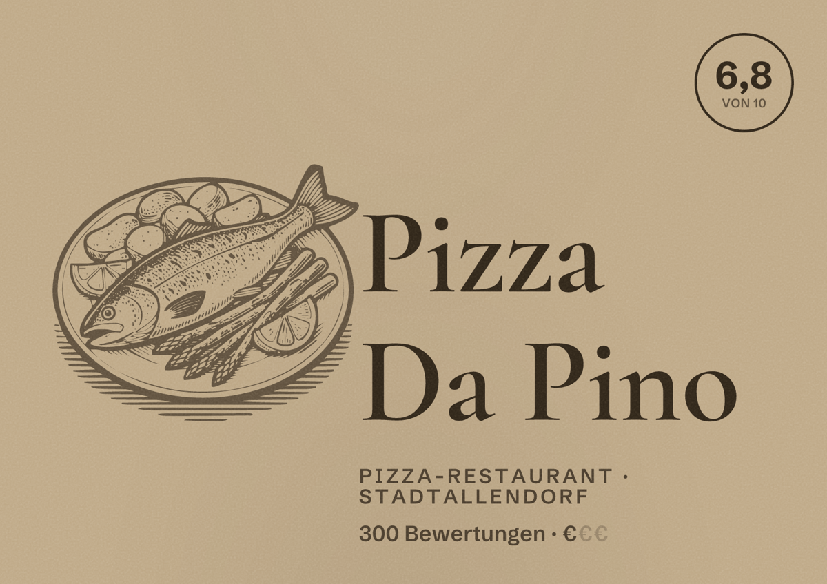 Illustriertes Poster von Pizza Da Pino, Pizza-Restaurant in Stadtallendorf: Bewertung 6,8 von 10 aus 300 Bewertungen, Preisniveau €
