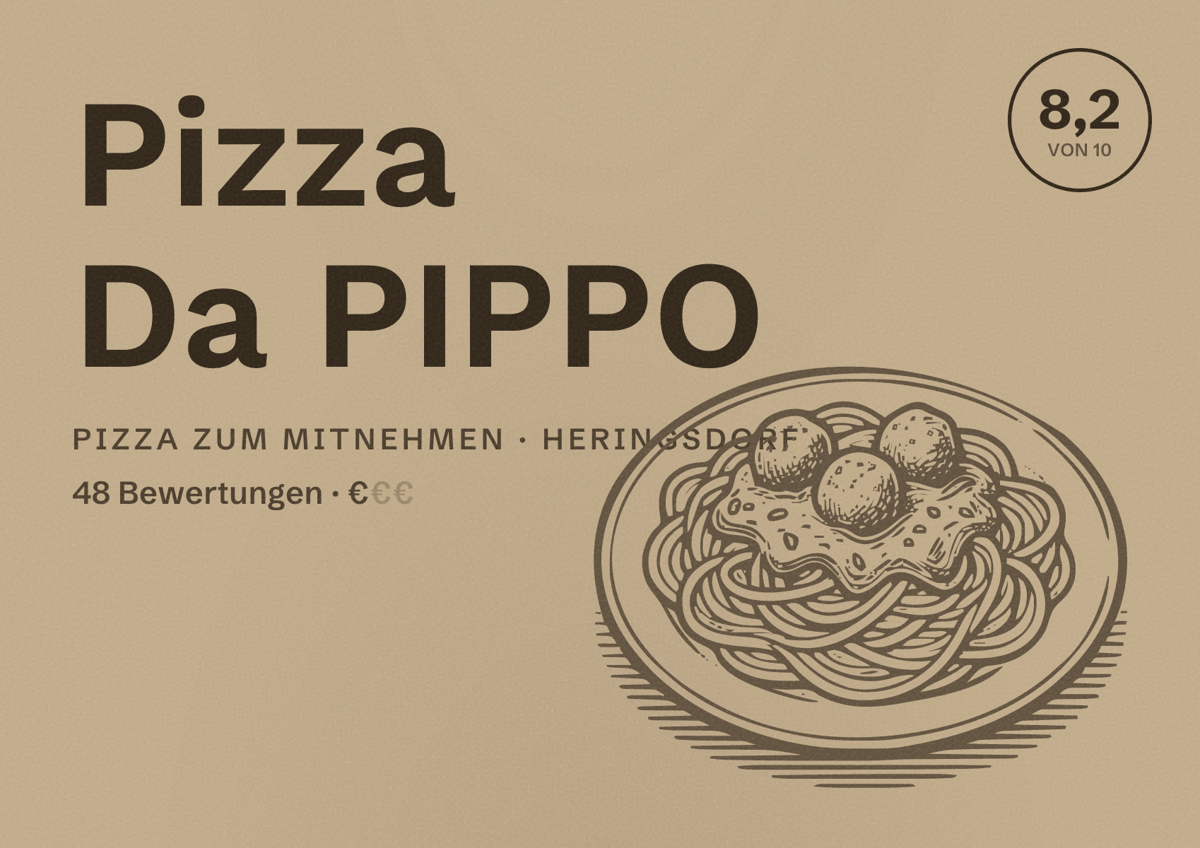 Illustriertes Poster von Pizza Da PIPPO, Pizza zum Mitnehmen in Heringsdorf: Bewertung 8,2 von 10 aus 48 Bewertungen, Preisniveau €
