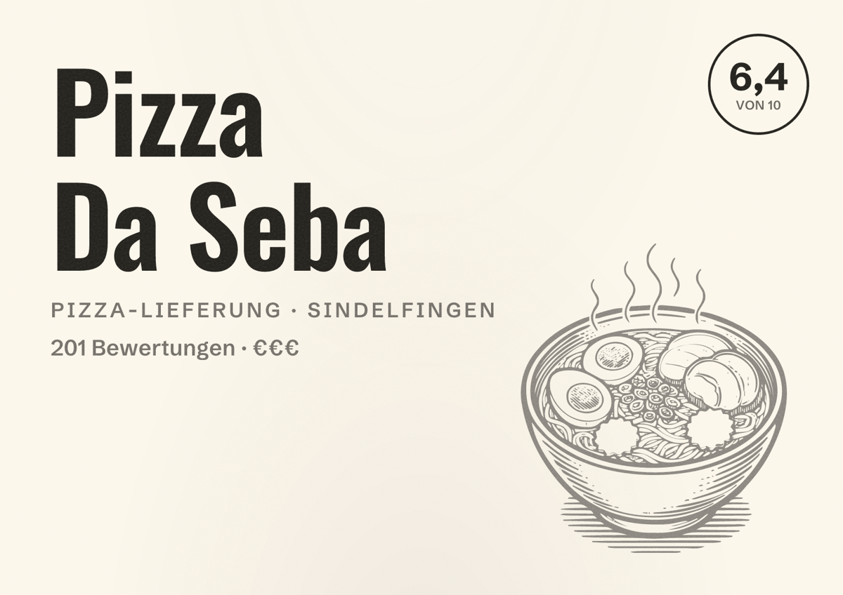 Illustriertes Poster von Pizza Da Seba, Pizza-Lieferung in Sindelfingen: Bewertung 6,4 von 10 aus 201 Bewertungen, Preisniveau €€€