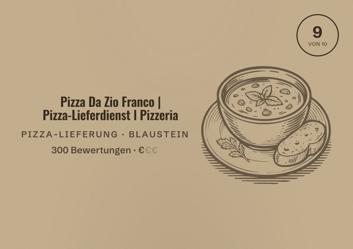 Illustriertes Poster von Pizza Da Zio Franco | Pizza-Lieferdienst l Pizzeria, Pizza-Lieferung in Blaustein: Bewertung 9 von 10 aus 300 Bewertungen, Preisniveau €