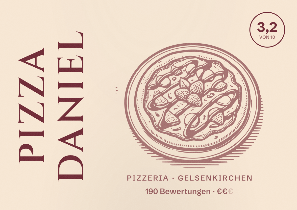 Illustriertes Poster von Pizza Daniel, Pizzeria in Gelsenkirchen: Bewertung 3,2 von 10 aus 190 Bewertungen, Preisniveau €€