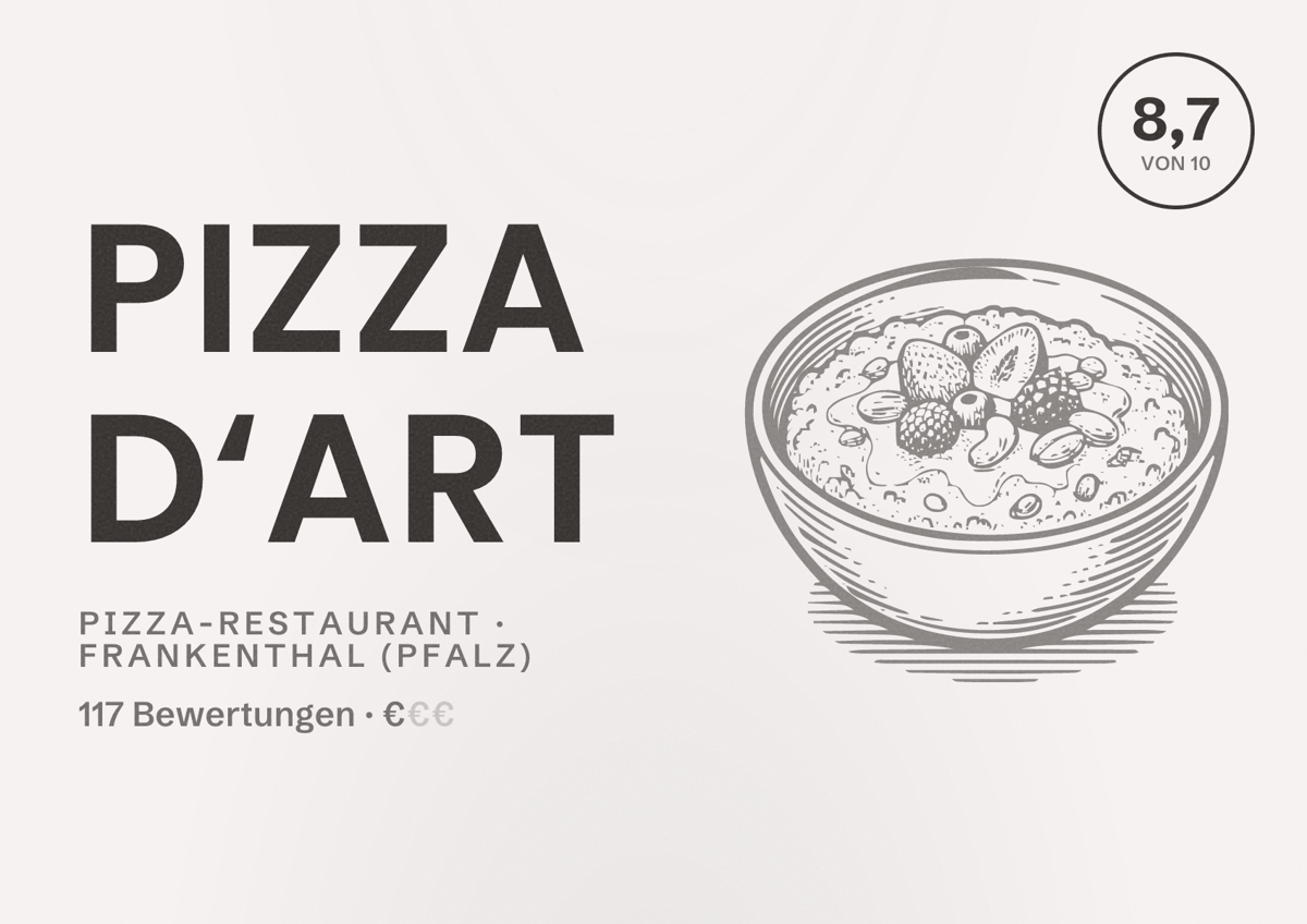 Illustriertes Poster von Pizza D‘ArT, Pizza-Restaurant in Frankenthal (Pfalz): Bewertung 8,7 von 10 aus 117 Bewertungen, Preisniveau €
