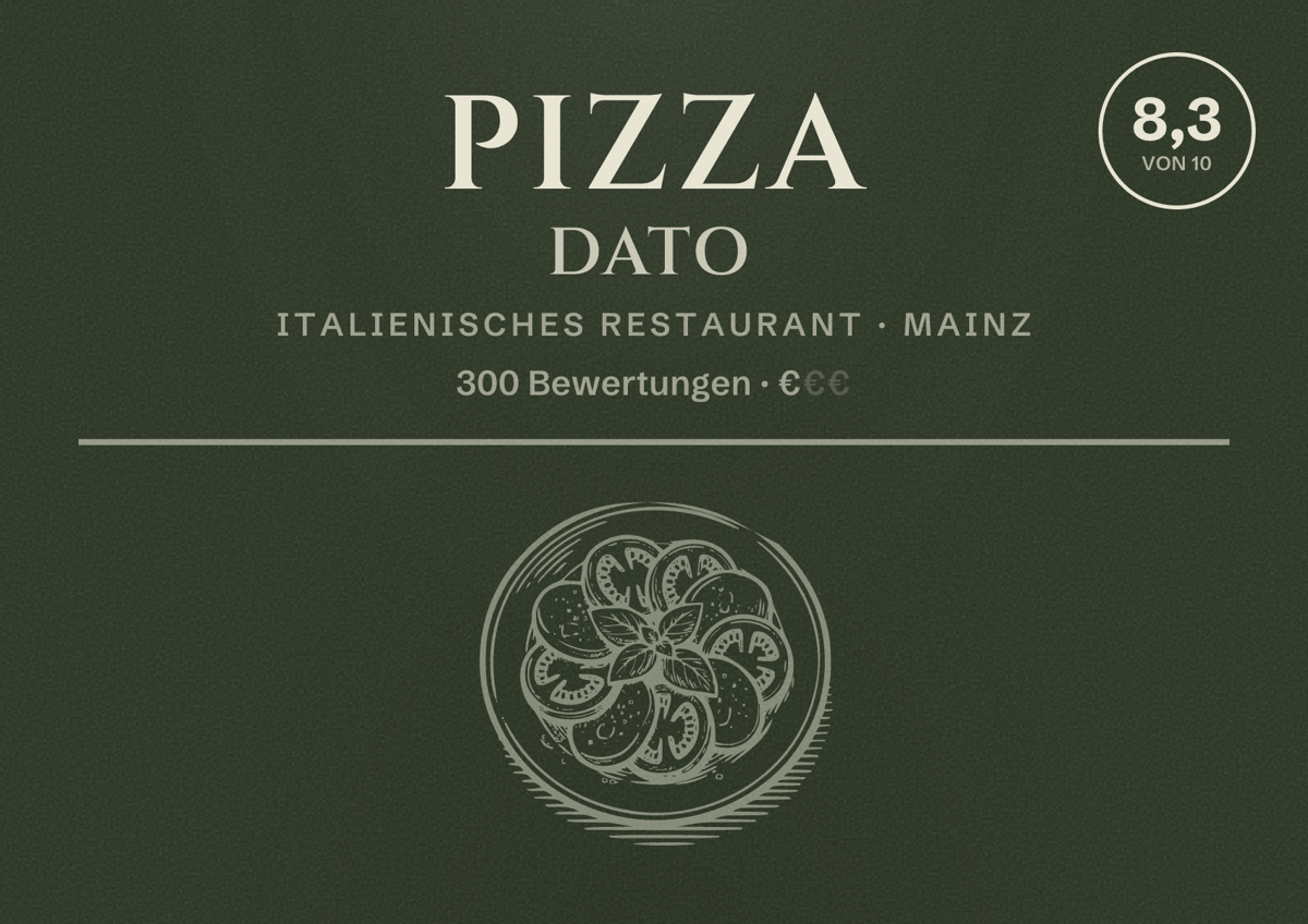 Illustriertes Poster von Pizza Dato, Italienisches Restaurant in Mainz: Bewertung 8,3 von 10 aus 300 Bewertungen, Preisniveau €