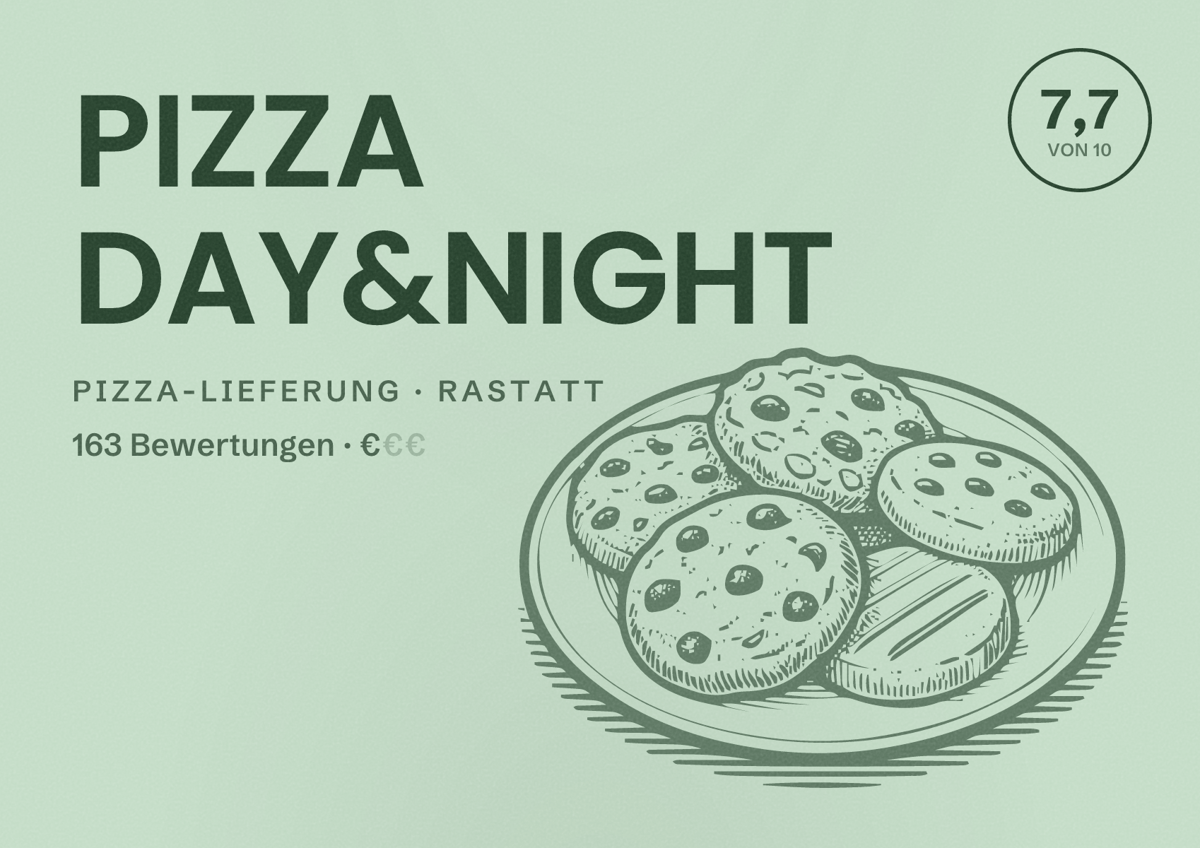 Illustriertes Poster von PIZZA DAY&NIGHT, Pizza-Lieferung in Rastatt: Bewertung 7,7 von 10 aus 163 Bewertungen, Preisniveau €
