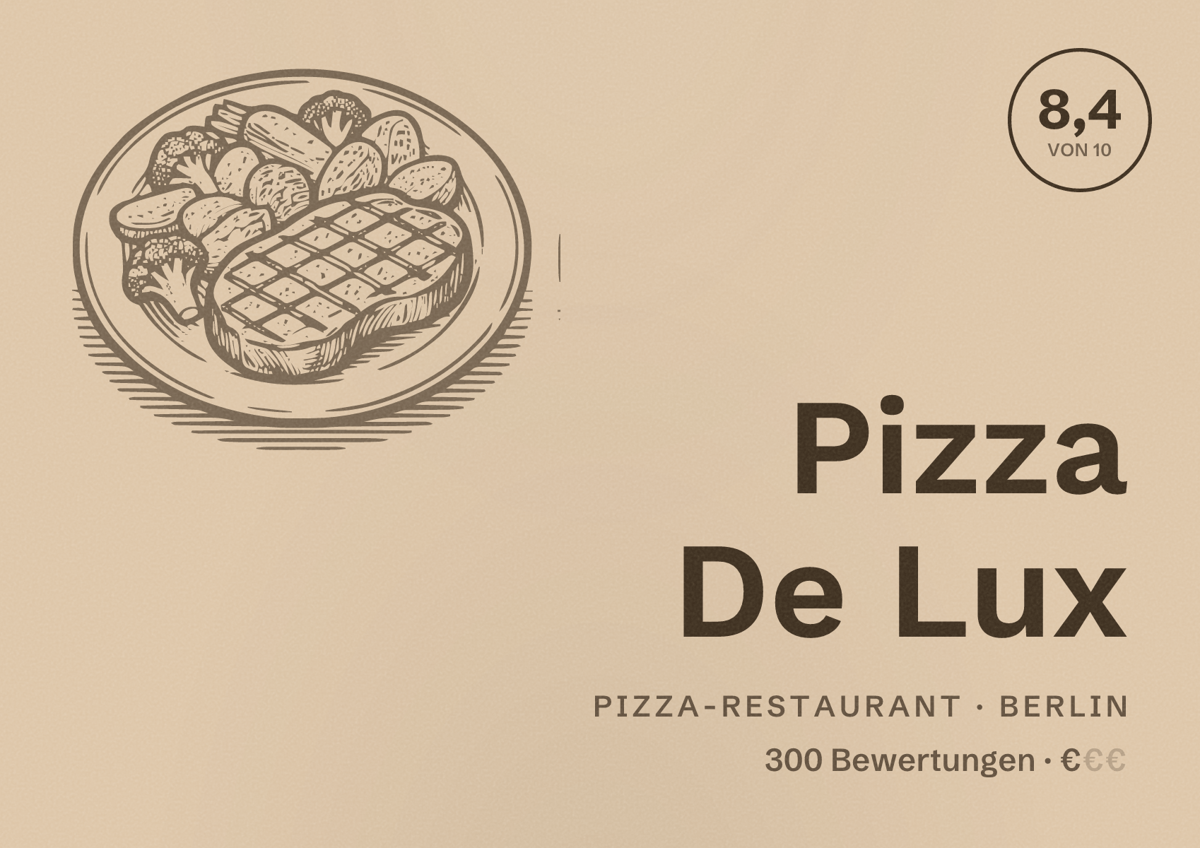 Illustriertes Poster von Pizza De Lux, Pizza-Restaurant in Berlin: Bewertung 8,4 von 10 aus 300 Bewertungen, Preisniveau €