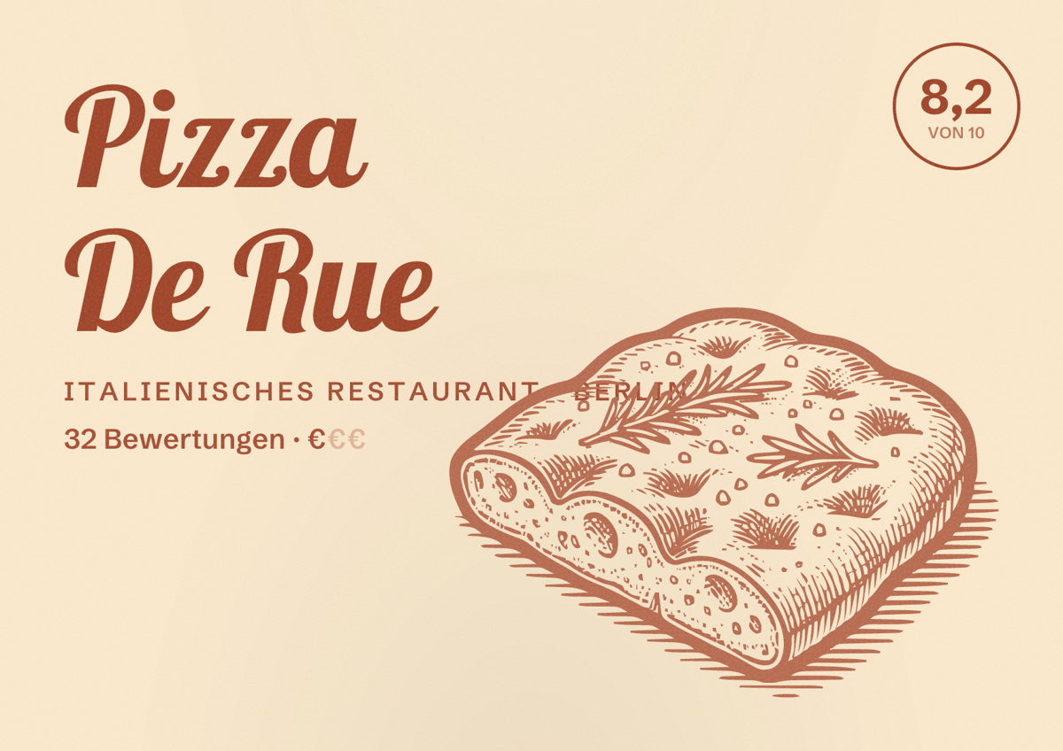 Illustriertes Poster von Pizza De Rue, Italienisches Restaurant in Berlin: Bewertung 8,2 von 10 aus 32 Bewertungen, Preisniveau €