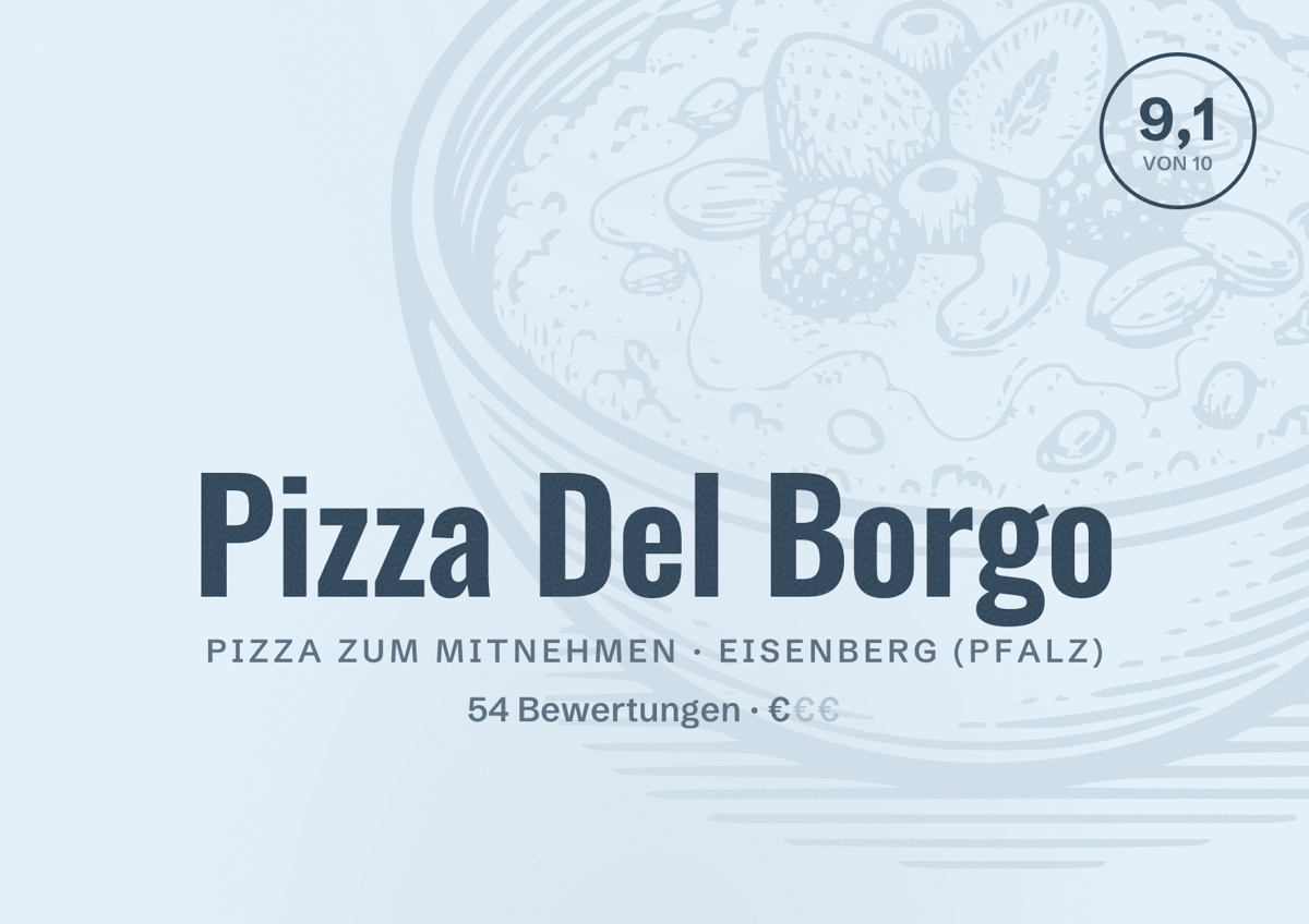 Illustriertes Poster von Pizza Del Borgo, Pizza zum Mitnehmen in Eisenberg (Pfalz): Bewertung 9,1 von 10 aus 54 Bewertungen, Preisniveau €