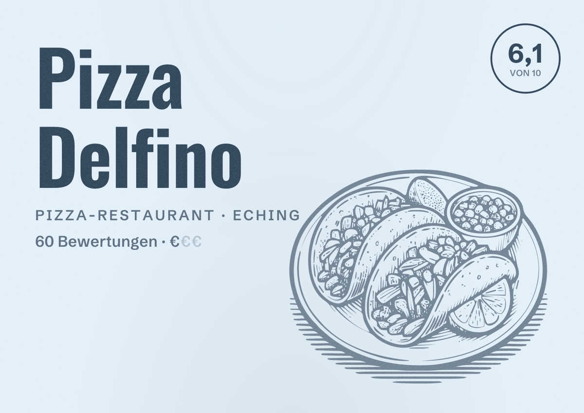 Illustriertes Poster von Pizza Delfino, Pizza-Restaurant in Eching: Bewertung 6,1 von 10 aus 60 Bewertungen, Preisniveau €