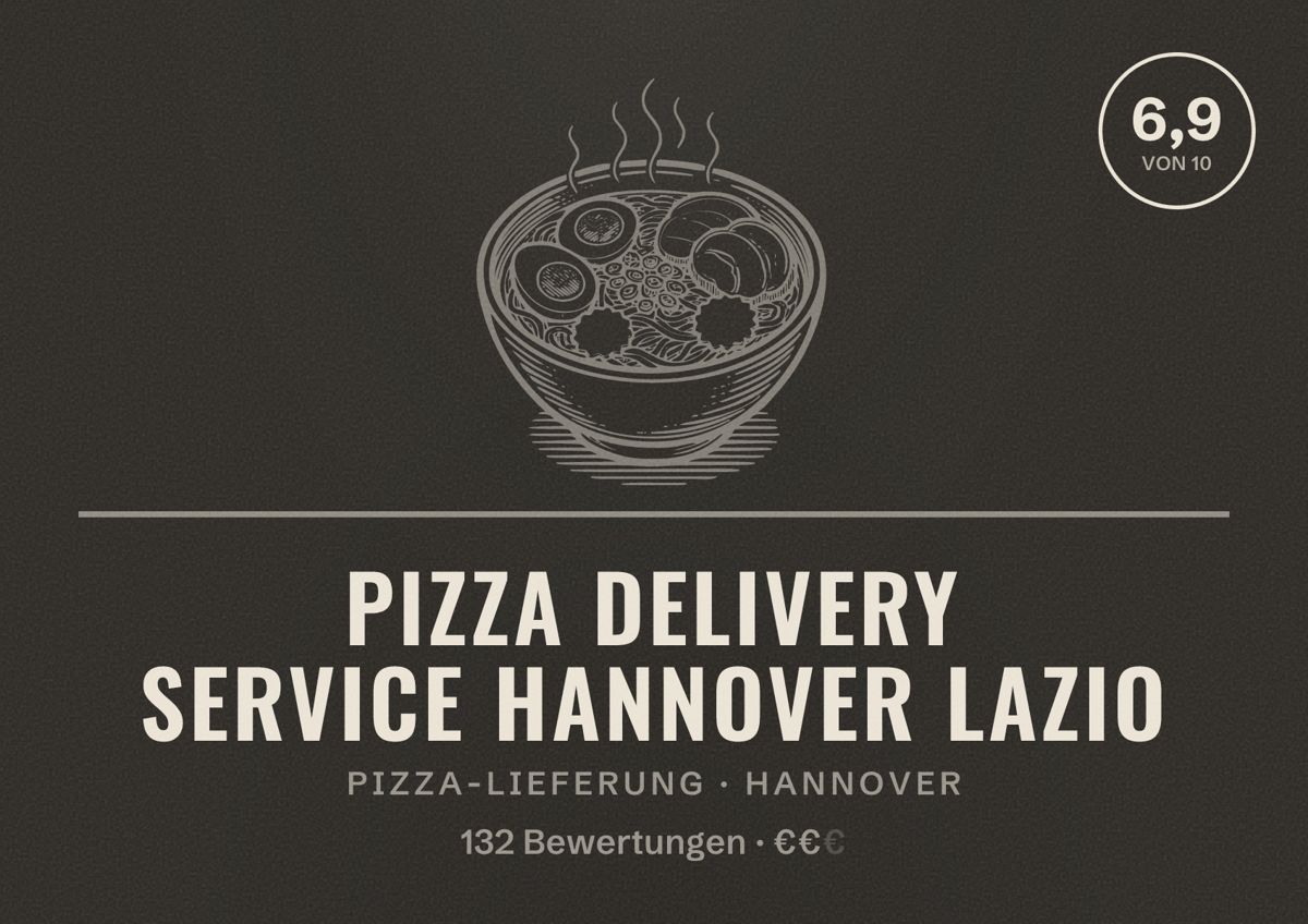 Illustriertes Poster von Pizza delivery service Hannover Lazio, Pizza-Lieferung in Hannover: Bewertung 6,9 von 10 aus 132 Bewertungen, Preisniveau €€