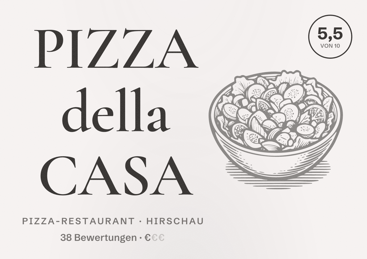 Illustriertes Poster von PIZZA della CASA, Pizza-Restaurant in Hirschau: Bewertung 5,5 von 10 aus 38 Bewertungen, Preisniveau €