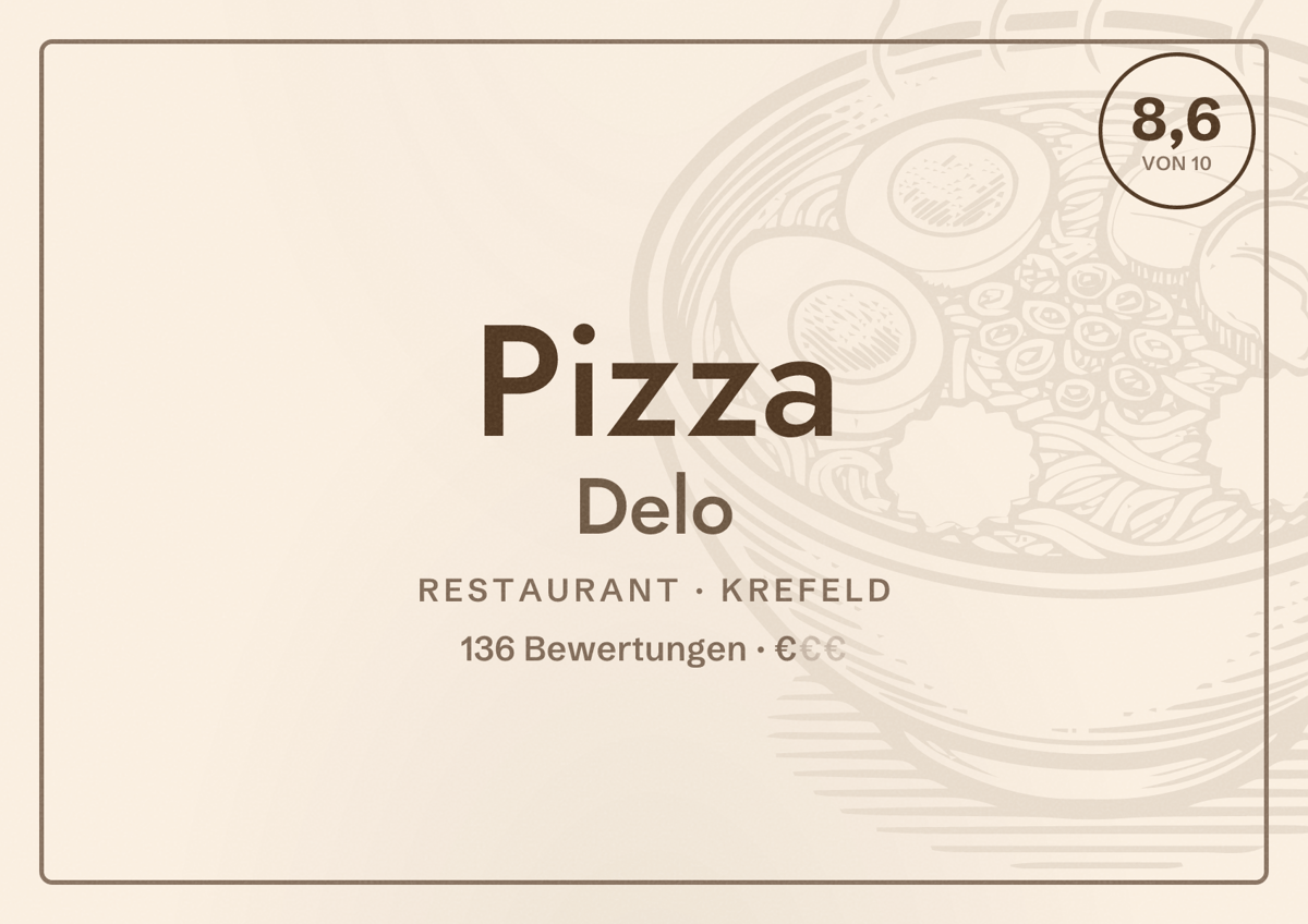Illustriertes Poster von Pizza Delo, Restaurant in Krefeld: Bewertung 8,6 von 10 aus 136 Bewertungen, Preisniveau €