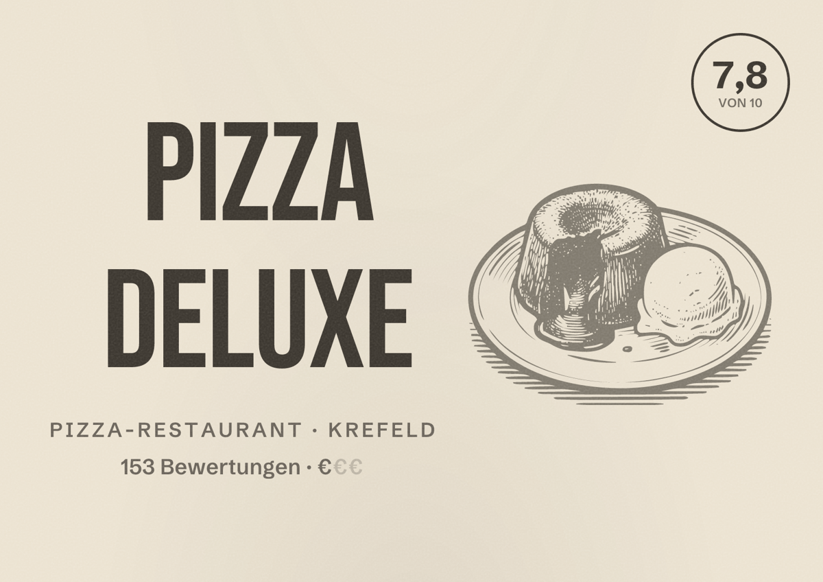 Illustriertes Poster von Pizza Deluxe, Pizza-Restaurant in Krefeld: Bewertung 7,8 von 10 aus 153 Bewertungen, Preisniveau €