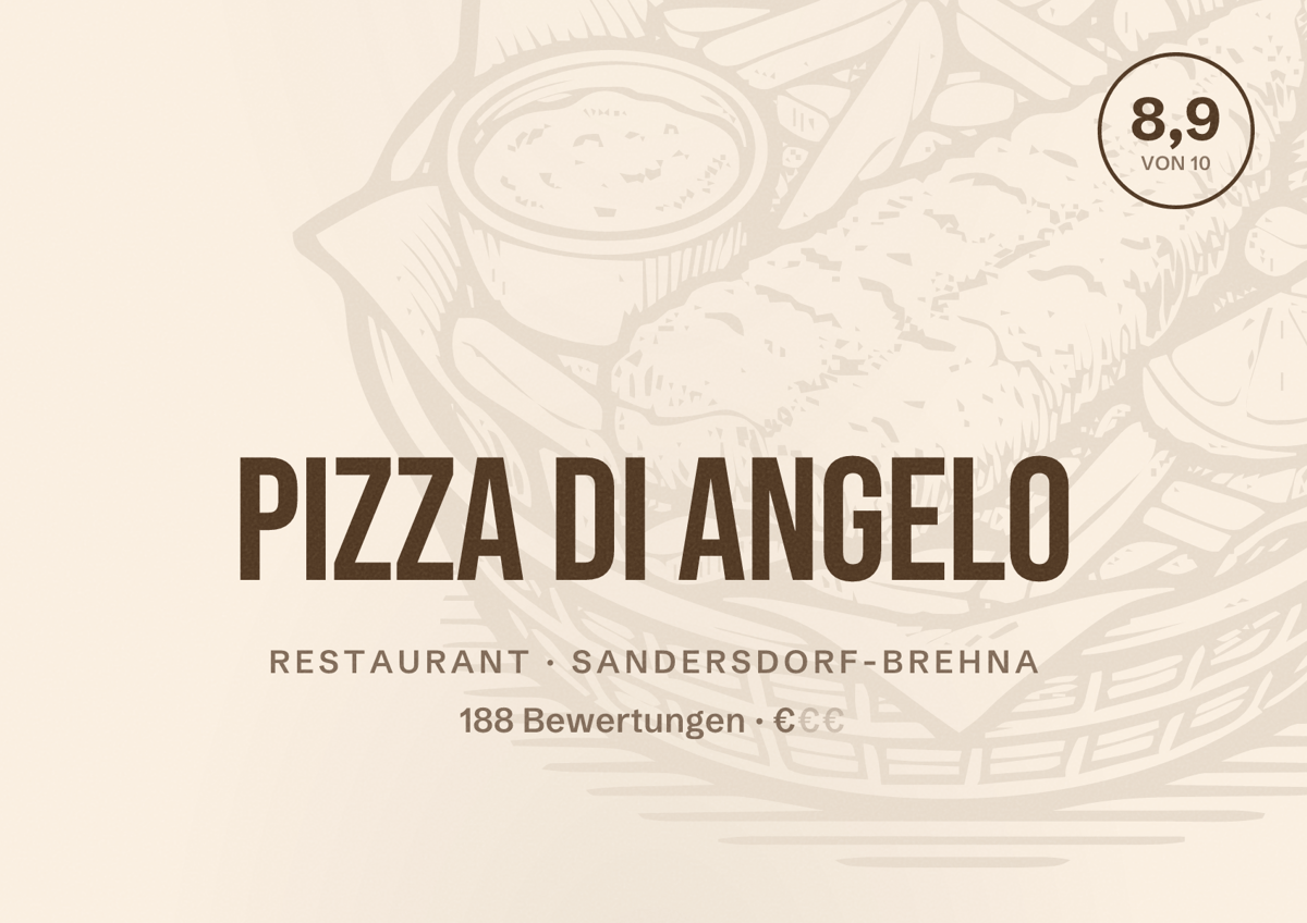 Illustriertes Poster von Pizza Di Angelo, Restaurant in Sandersdorf-Brehna: Bewertung 8,9 von 10 aus 188 Bewertungen, Preisniveau €