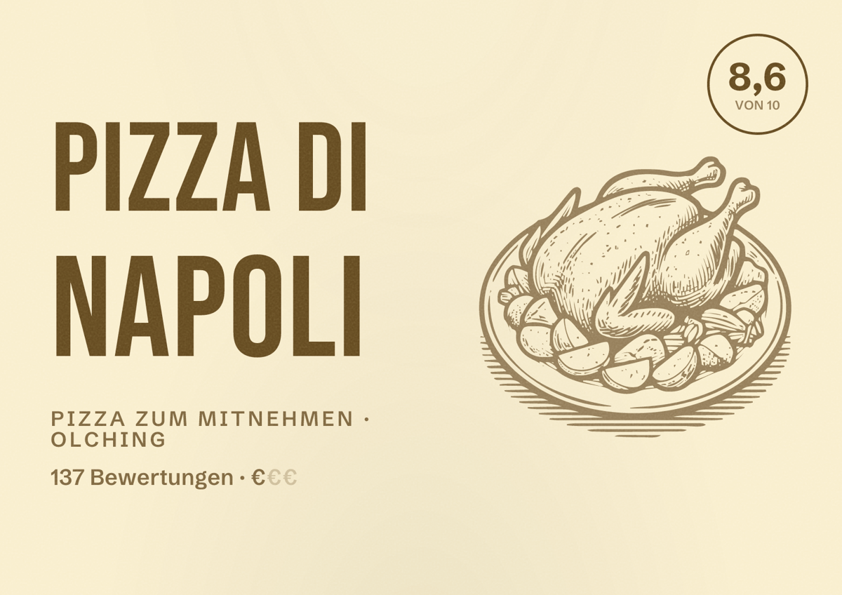 Illustriertes Poster von Pizza Di Napoli, Pizza zum Mitnehmen in Olching: Bewertung 8,6 von 10 aus 137 Bewertungen, Preisniveau €