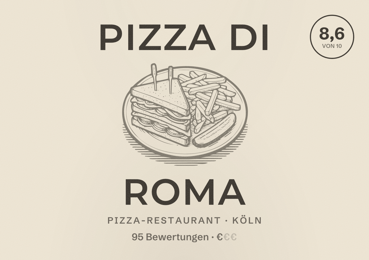 Illustriertes Poster von PIZZA DI ROMA, Pizza-Restaurant in Köln: Bewertung 8,6 von 10 aus 95 Bewertungen, Preisniveau €