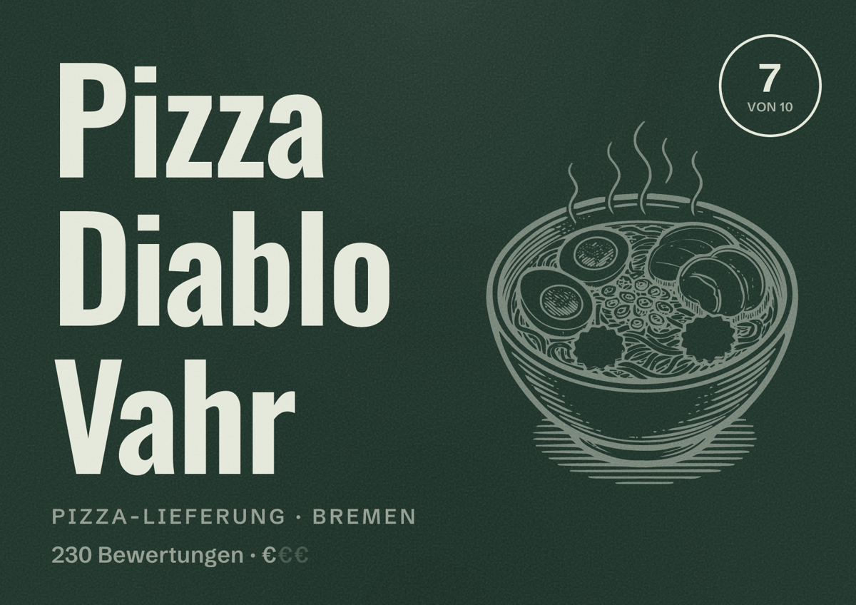 Illustriertes Poster von Pizza Diablo Vahr, Pizza-Lieferung in Bremen: Bewertung 7 von 10 aus 230 Bewertungen, Preisniveau €