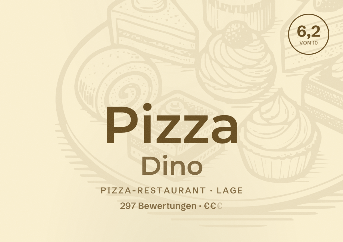 Illustriertes Poster von Pizza Dino, Pizza-Restaurant in Lage: Bewertung 6,2 von 10 aus 297 Bewertungen, Preisniveau €€
