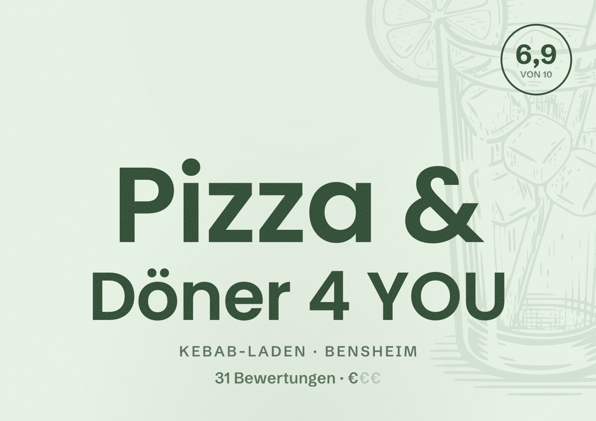 Illustriertes Poster von Pizza & Döner 4 YOU, Kebab-Laden in Bensheim: Bewertung 6,9 von 10 aus 31 Bewertungen, Preisniveau €