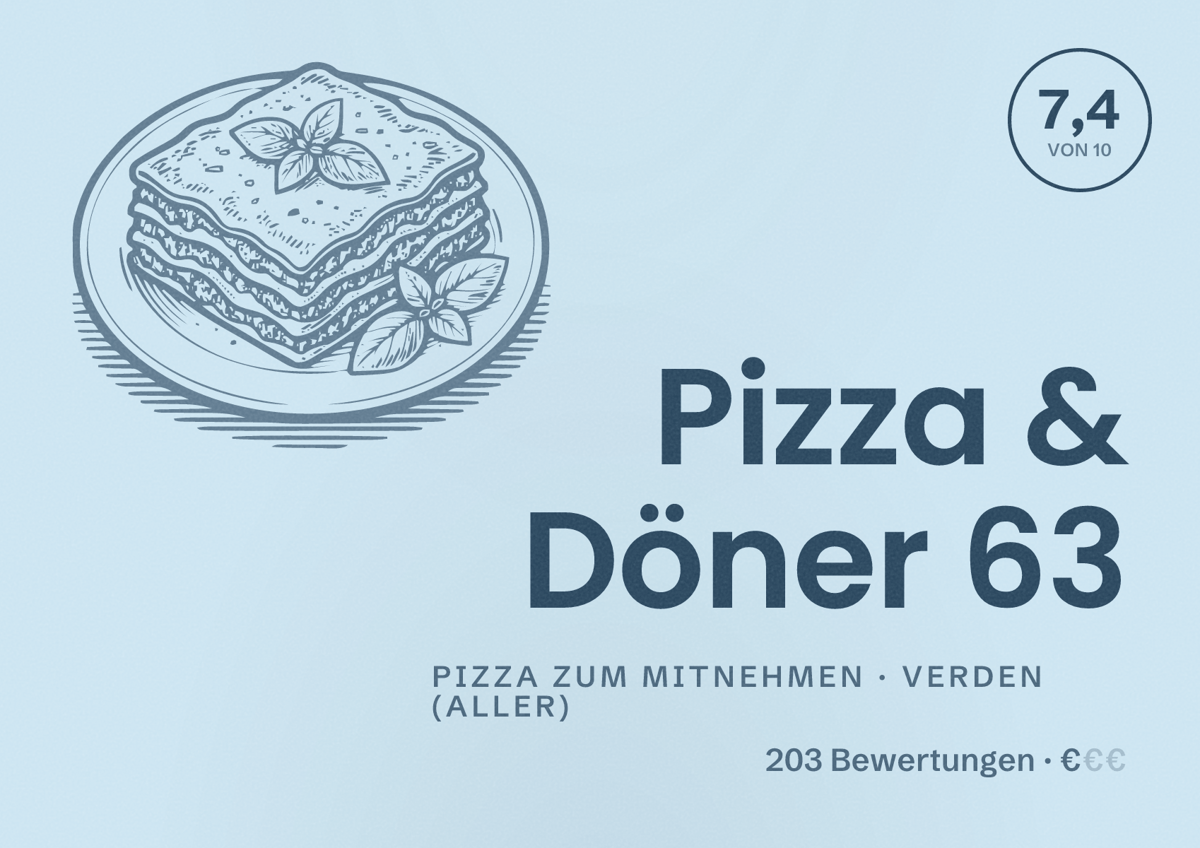 Illustriertes Poster von Pizza & Döner 63, Pizza zum Mitnehmen in Verden (Aller): Bewertung 7,4 von 10 aus 203 Bewertungen, Preisniveau €