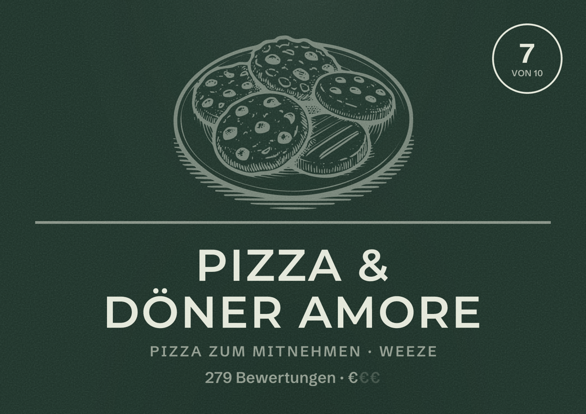 Illustriertes Poster von Pizza & Döner Amore, Pizza zum Mitnehmen in Weeze: Bewertung 7 von 10 aus 279 Bewertungen, Preisniveau €