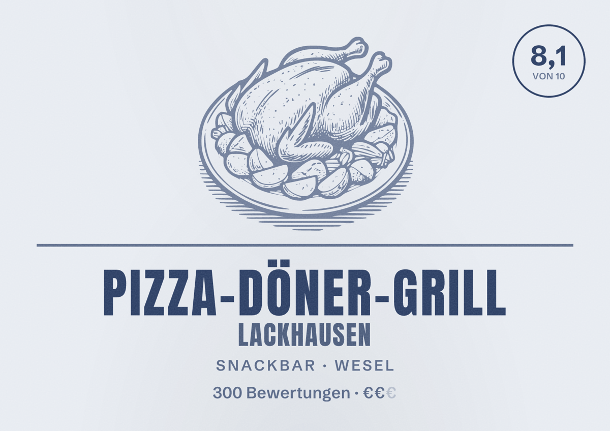 Illustriertes Poster von Pizza-Döner-Grill Lackhausen, Snackbar in Wesel: Bewertung 8,1 von 10 aus 300 Bewertungen, Preisniveau €€
