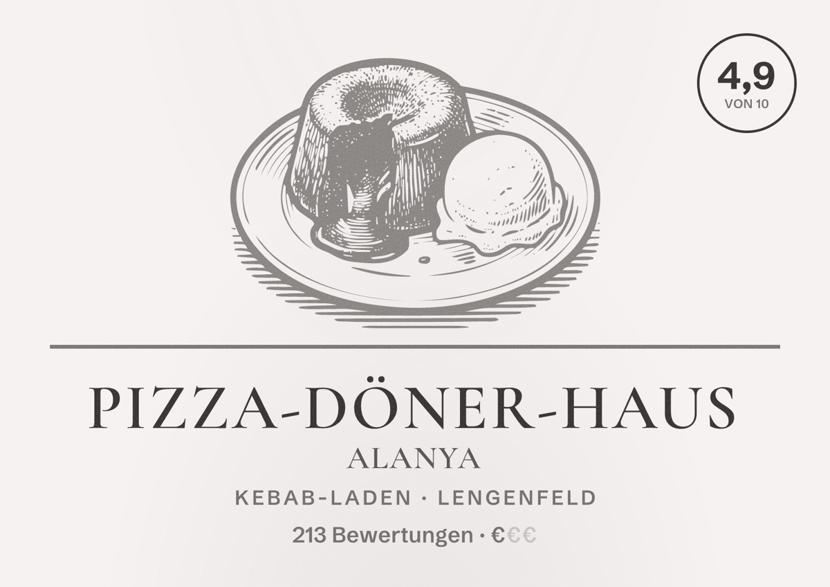Illustriertes Poster von Pizza-Döner-Haus Alanya, Kebab-Laden in Lengenfeld: Bewertung 4,9 von 10 aus 213 Bewertungen, Preisniveau €