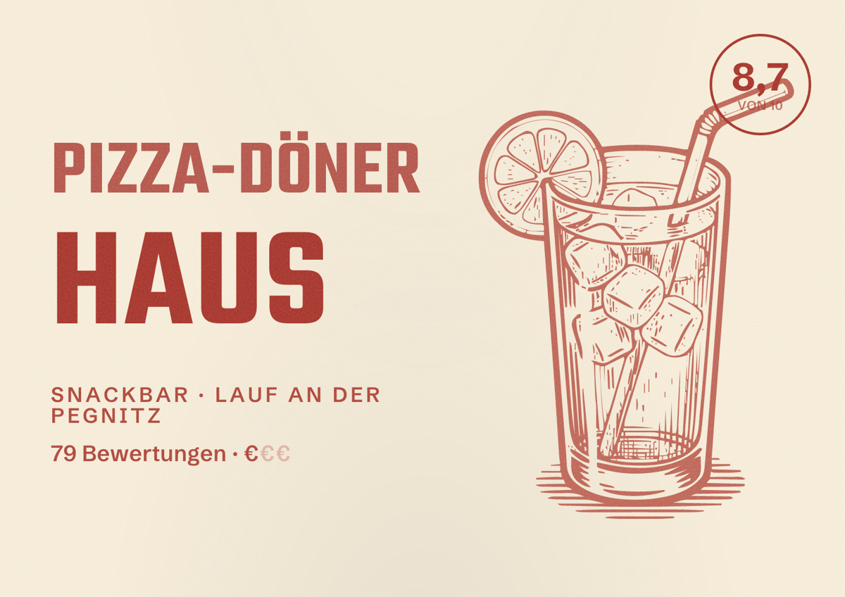 Illustriertes Poster von Pizza-Döner Haus, Snackbar in Lauf an der Pegnitz: Bewertung 8,7 von 10 aus 79 Bewertungen, Preisniveau €